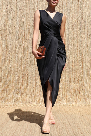 DD8612, V Neck Satin Midi Dress