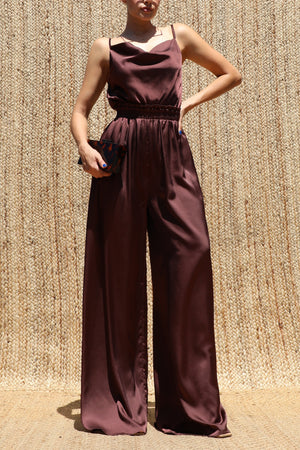 DD8613, Cowl Neck Satin Jumpsuit