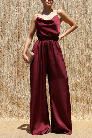 DD8613, Cowl Neck Satin Jumpsuit
