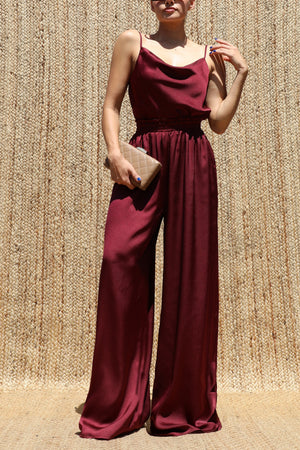 DD8613, Cowl Neck Satin Jumpsuit