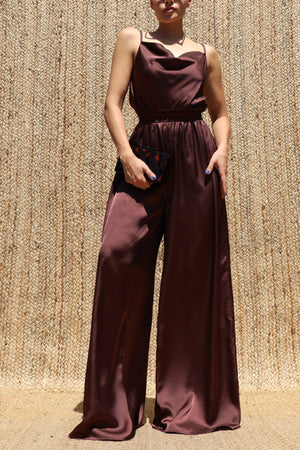 DD8613, Cowl Neck Satin Jumpsuit