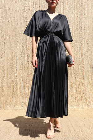 DD8635, V Neck Satin Pleated Midi Dress