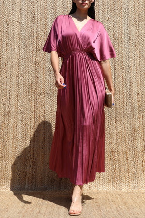 DD8635, V Neck Satin Pleated Midi Dress