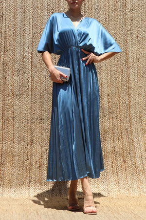 DD8635, V Neck Satin Pleated Midi Dress