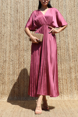 DD8635, V Neck Satin Pleated Midi Dress