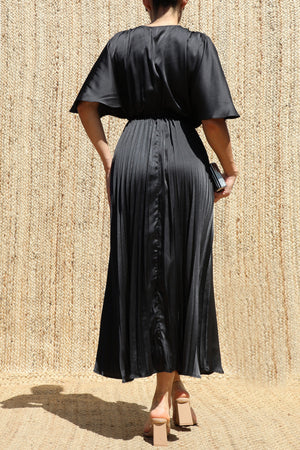 DD8635, V Neck Satin Pleated Midi Dress