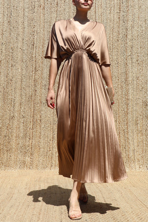 DD8635, V Neck Satin Pleated Midi Dress