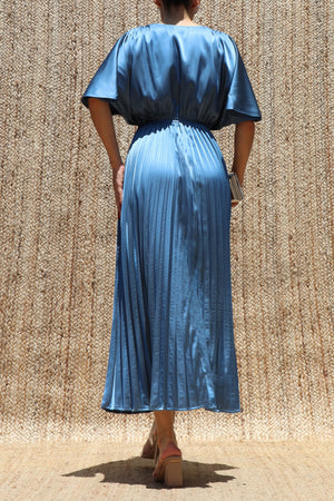 DD8635, V Neck Satin Pleated Midi Dress