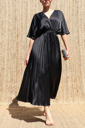 DD8635, V Neck Satin Pleated Midi Dress