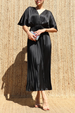 DD8635, V Neck Satin Pleated Midi Dress