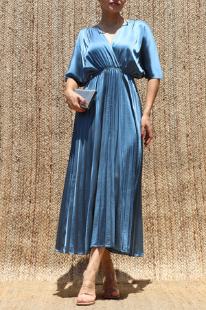 DD8635, V Neck Satin Pleated Midi Dress