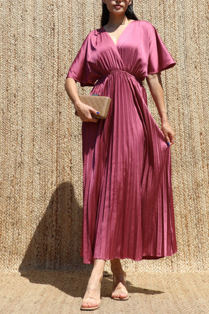 DD8635, V Neck Satin Pleated Midi Dress