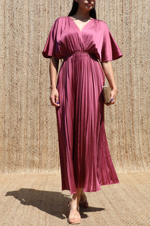 DD8635, V Neck Satin Pleated Midi Dress