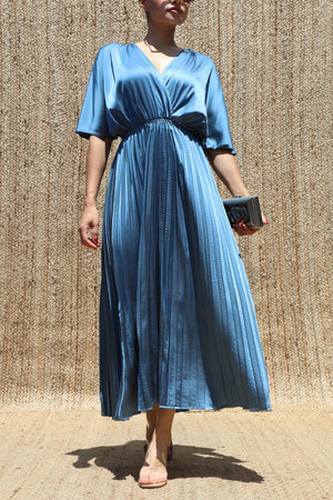 DD8635, V Neck Satin Pleated Midi Dress