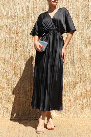 DD8635, V Neck Satin Pleated Midi Dress
