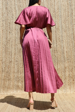 DD8635, V Neck Satin Pleated Midi Dress
