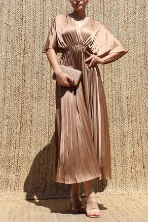 DD8635, V Neck Satin Pleated Midi Dress