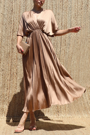 DD8635, V Neck Satin Pleated Midi Dress