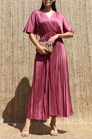 DD8635, V Neck Satin Pleated Midi Dress