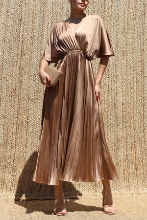 DD8635, V Neck Satin Pleated Midi Dress
