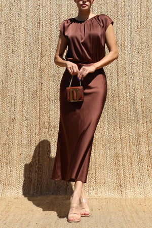 DD8484, Ruched Neck Satin Midi Dress