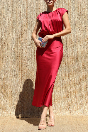 DD8484, Ruched Neck Satin Midi Dress