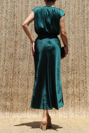 DD8484, Ruched Neck Satin Midi Dress