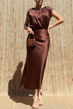 DD8484, Ruched Neck Satin Midi Dress
