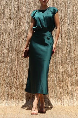 DD8484, Ruched Neck Satin Midi Dress