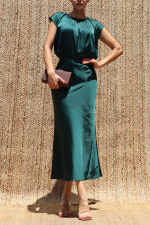 DD8484, Ruched Neck Satin Midi Dress