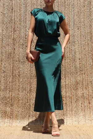 DD8484, Ruched Neck Satin Midi Dress