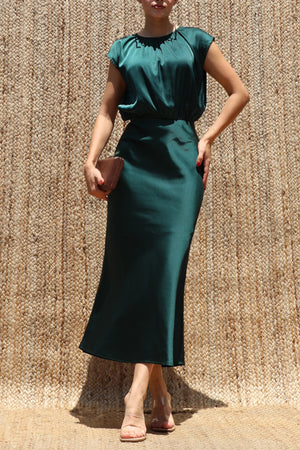 DD8484, Ruched Neck Satin Midi Dress