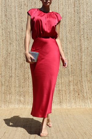 DD8484, Ruched Neck Satin Midi Dress