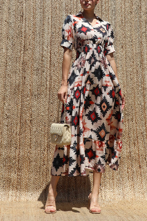 DD8575, Mix Printed Collar Midi Dress