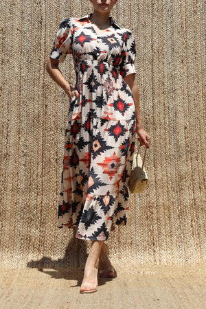 DD8575, Mix Printed Collar Midi Dress