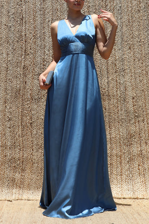 DD8506, V Neck Satin Maxi Dress
