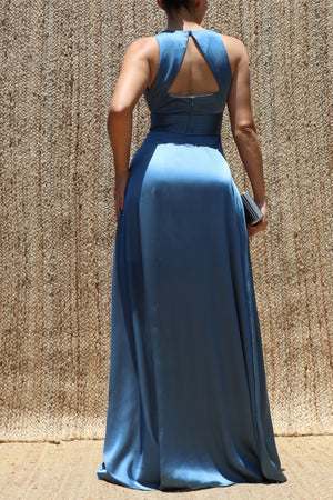DD8506, V Neck Satin Maxi Dress