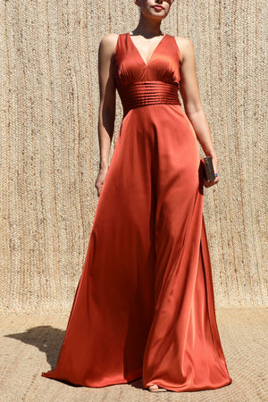 DD8506, V Neck Satin Maxi Dress
