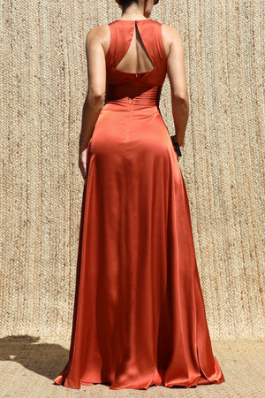DD8506, V Neck Satin Maxi Dress