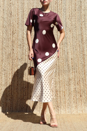 DD8583, Polka Dot Asymmetrical Satin Midi Dress