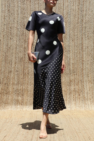 DD8583, Polka Dot Timeless Satin Midi Dress
