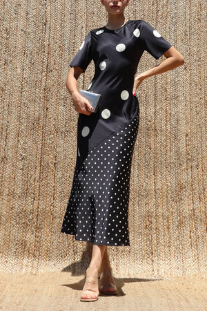 DD8583, Polka Dot Timeless Satin Midi Dress