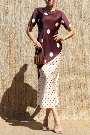 DD8583, Polka Dot Asymmetrical Satin Midi Dress