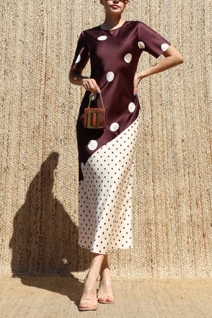 DD8583, Polka Dot Asymmetrical Satin Midi Dress