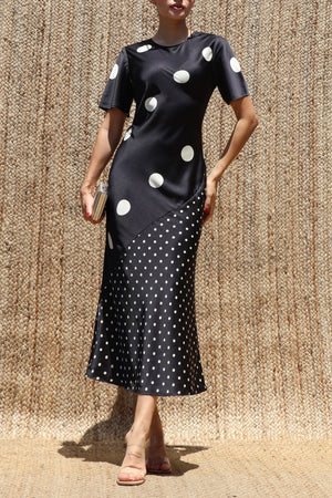 DD8583, Polka Dot Timeless Satin Midi Dress