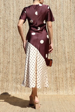 DD8583, Polka Dot Asymmetrical Satin Midi Dress