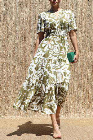 DD8498, Boho Printed Tiered Midi Dress