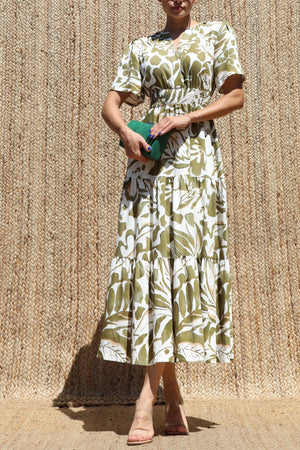 DD8498, Boho Printed Tiered Midi Dress