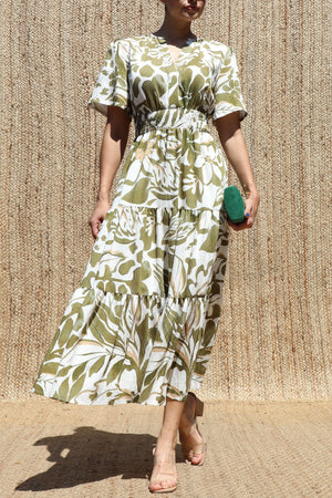 DD8498, Boho Printed Tiered Midi Dress