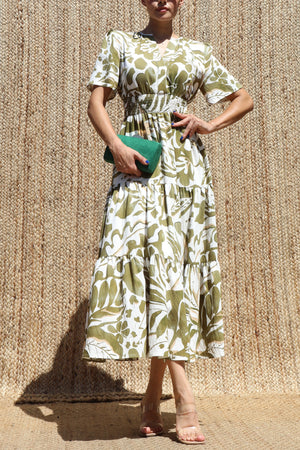 DD8498, Boho Printed Tiered Midi Dress